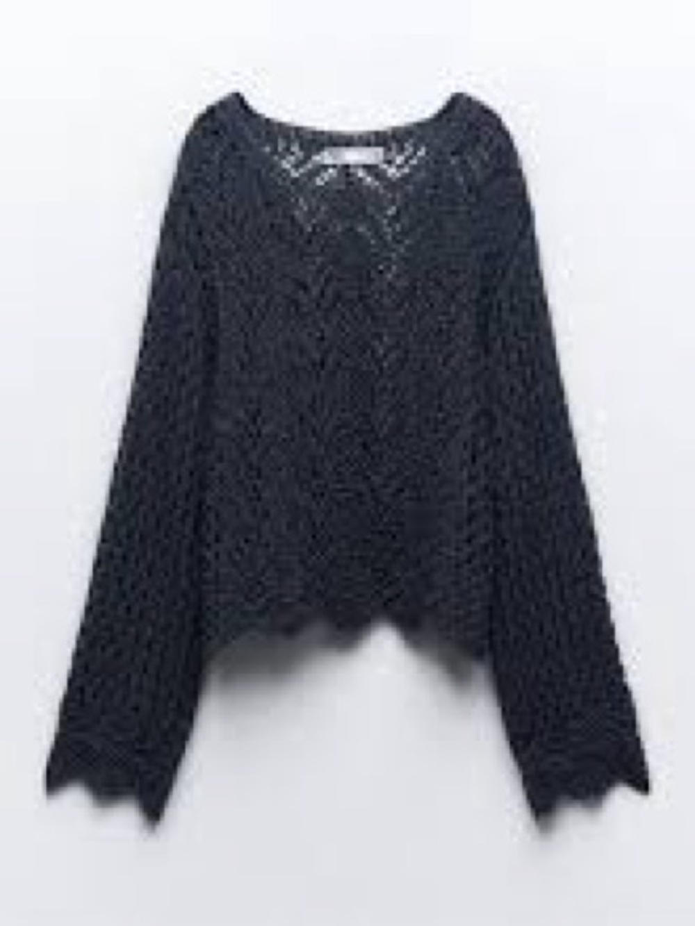 Zara Black Open-Knit Scallop-Hem Crew Sweater
